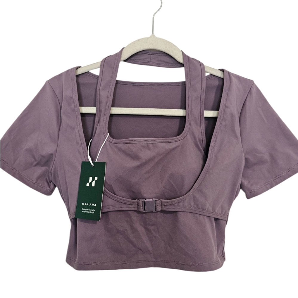 Halara Cloudful Purple Halter Buckle Short Sleeve Crop Top